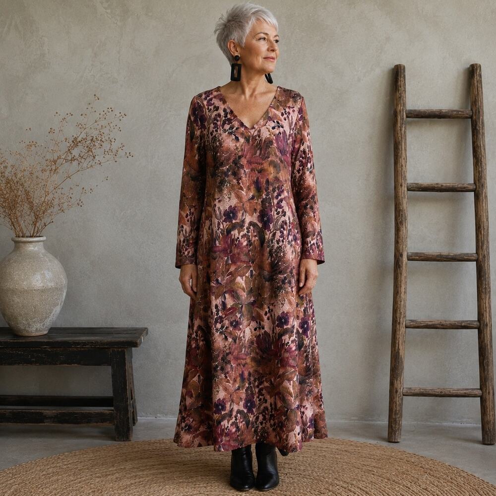 Soft Surroundings Maroon Tan Floral Long Sleeve Maxi Dress Large